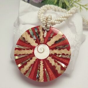 Vintage Handmade Abalone Shell Shiva Shell Pendant Necklace Seed Beaded